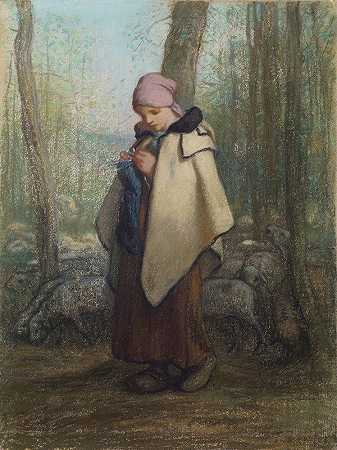 编织牧羊女`The Knitting Shepherdess (1856–57) by Jean-François Millet