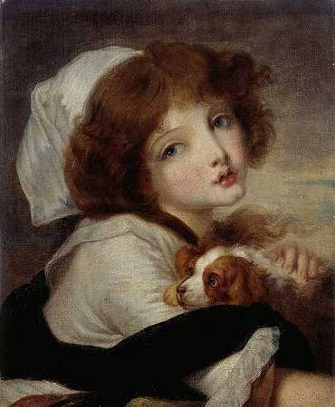 小女孩给小狗的肖像`Portrait de fillette au petit chien by Jean-Baptiste Greuze
