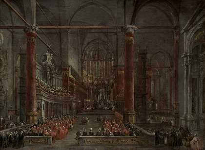 圣公会的教皇仪式。乔瓦尼·e·保罗，威尼斯，1782年`Pontifical Ceremony in SS. Giovanni e Paolo, Venice, 1782 (c. 1783) by Francesco Guardi