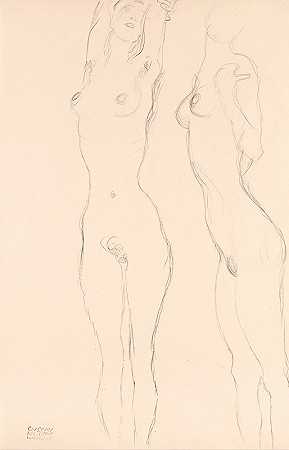 两个裸体，左边一个举起手臂`Two Nudes, the Left One with Raised Arms (1916~1917) by Gustav Klimt