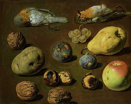 葡萄、核桃、栗子、水果和知更鸟的静物画`Still life with Grapes, Walnuts, Chestnuts, Fruit and Robins by Luis Egidio Melendez