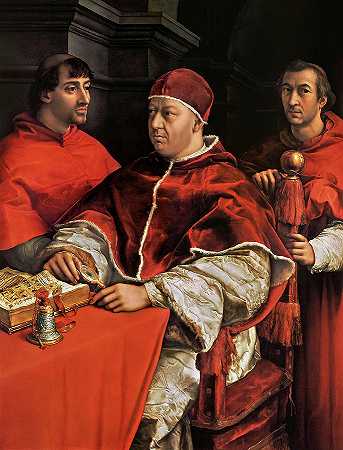 教皇利奥十世和两位枢机主教的肖像`Portrait of Pope Leo X with Two Cardinals by Raphael