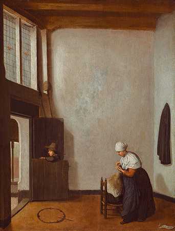 室内有一个女人在梳理一个小女孩#她的头发`Interior With A Woman Combing A Little Girls Hair (between 1654 and 1662) by Jacobus Vrel
