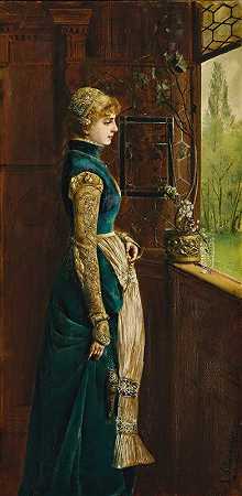 透过窗户深情地看着`Through The Window Fondly Looking (1882) by Gabriel Schachinger