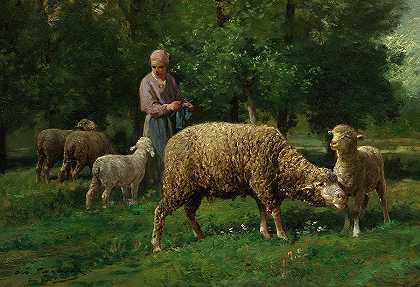 牧羊女与羊，1876年`Shepherdess with Sheep, 1876 by Charles-Emile Jacque