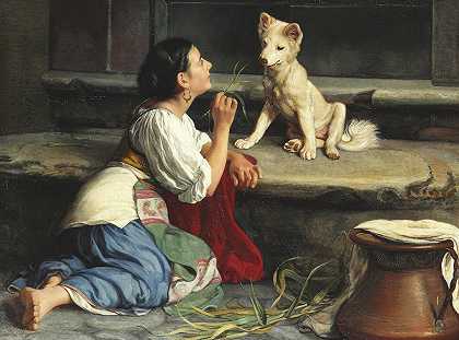 一位年轻的意大利女子正在和一只狗玩耍`Ung Italienerinde, der leger med en Hund (1872) by Axel Helsted
