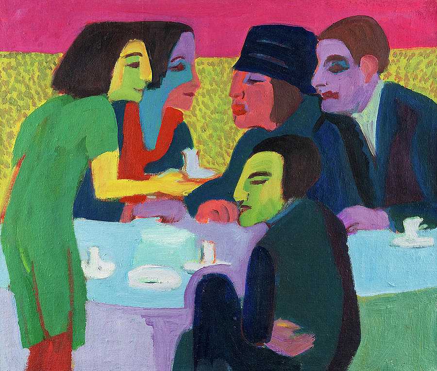 咖啡馆的场景`Scene at a Cafe by Ernst Ludwig Kirchner