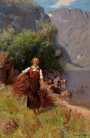 峡湾风景中的女孩`Girl in a Fjord Landscape by Hans Dahl