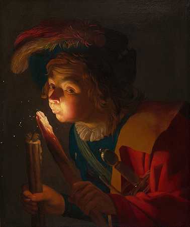 一个男孩在吹火`A Boy Blowing on a Firebrand (1621~22) by Gerard van Honthorst