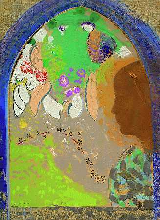 橱窗里一个女人的侧面图`Profile of a Woman in a Window by Odilon Redon