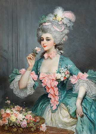 戴着玫瑰花的优雅女士`An Elegant Lady with Roses by Lucius Rossi