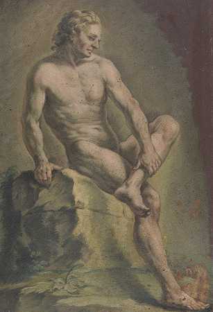 裸体的男人坐在石头上，看着右边`Akt eines auf einem Stein sitzenden Mannes, nach rechts blickend by Josef Neher