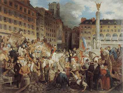 公爵奥尔良，前往L1830年7月31日，市政厅穿过沙特尔广场`Le duc dOrléans, se rendant à lhôtel de ville, traverse la place du Châtelet, le 31 juillet 1830 (1830) by Prosper Lafaye