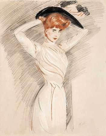 戴着帽子的优雅女士`An elegant lady wearing a hat by Paul César Helleu