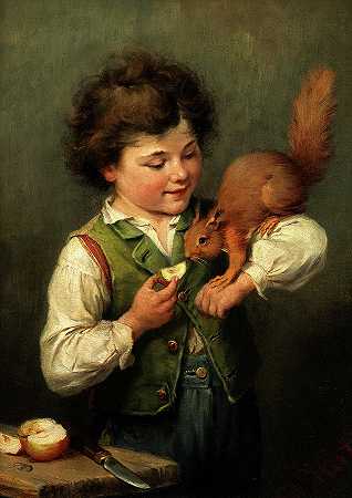 宠物松鼠`The Pet Squirrel by Heinrich Hirt
