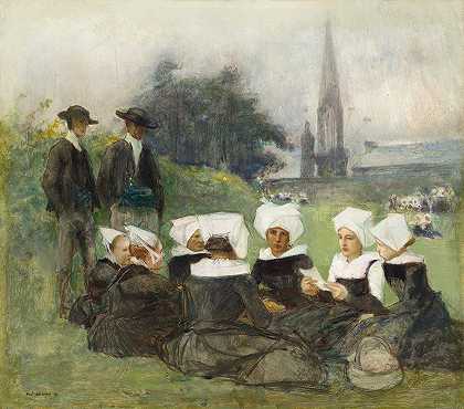 在赦免仪式上为布莱顿女性做的研究`Study for Breton Women at a Pardon (c. 1887) by Pascal-Adolphe-Jean Dagnan-Bouveret