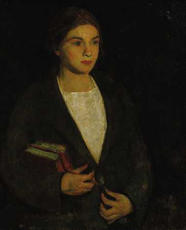 拿着书的年轻女孩的画像`Portrait of Young Girl with Books by American School