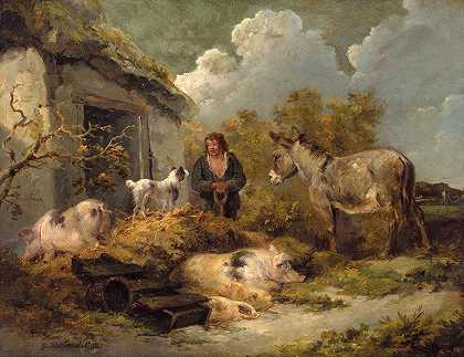 一个带着驴子、猪和牧羊犬的农家男孩`A Farm Boy With a Donkey, Pigs And a Sheep Dog (1792) by George Morland