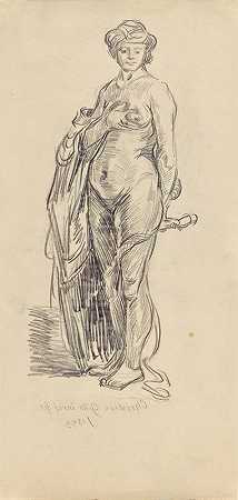 戴头巾的裸体女性`Female Nude with a Turban (1855) by Christian Friedrich Gille