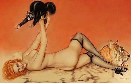 瓦尔加女孩，红发黑猫，1919年`Varga Girl, Redhead with Black Cat, 1919 by Alberto Vargas