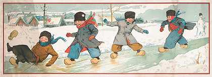 冬天，孩子们在冰上玩耍`Children playing on the ice during winter (1904) by Taber Prang Art Co.