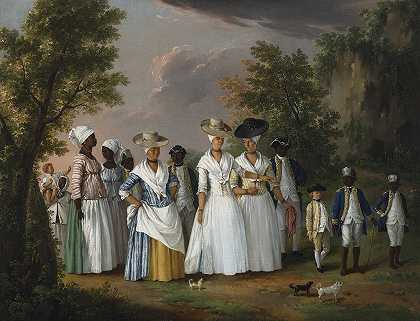 自由的有色人种妇女带着她们的孩子和仆人在一片风景中`Free Women Of Color With Their Children And Servants In A Landscape (circa 1764) by Agostino Brunias