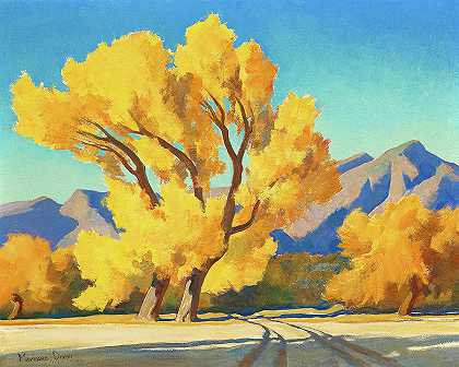 亚利桑那州沙漠棉白杨`Desert Cottonwoods, Arizona by Maynard Dixon
