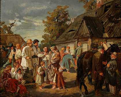 周六在农场`Saturday at the farm (1869) by Jozef Chelmonski