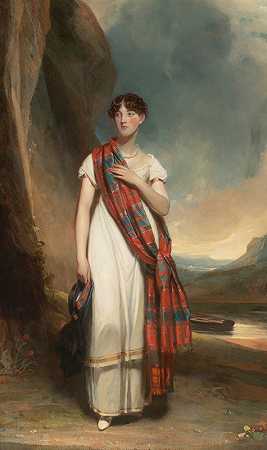 风景画中一位身穿格子花呢的女士的肖像`Portrait Of A Lady Wearing Plaid In A Landscape by John Watson Gordon