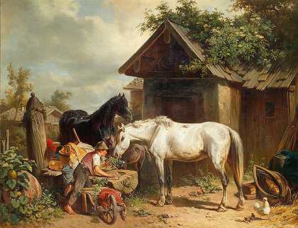 农场上的马`Pferde am Bauernhof (1866) by Adolf van der Venne