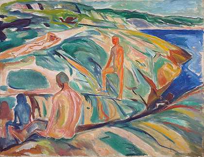 在岩石上给男人洗澡`Bathing Men on Rocks (1915) by Edvard Munch
