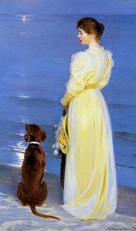 1892年，在斯卡根的夏日傍晚，艺术家的妻子和狗在岸边`Summer Evening at Skagen, The Artist\’s Wife and Dog by the Shore, 1892 by Peder Severin Kroyer