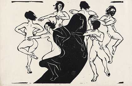 裸体绕着影子跳舞`Nudes Dancing around a Shadow (1936) by Ernst Ludwig Kirchner