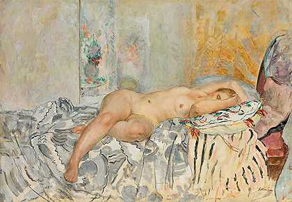 裸体躺在西班牙垫子上`Nu Allongé Au Coussin Espagnol (1925) by Henri Lebasque