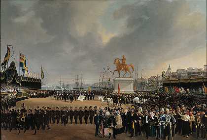 西南部卡尔十四世约翰马术雕像的揭幕仪式。1854年`The Unveiling of the Equestrian Statue of Carl XIV Johan of Sw. in 1854 by Carl Stefan Bennet
