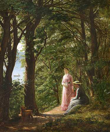 一个夏天，两个女人和一条狗在一条可以俯瞰大海的林间小路上`To kvinder og en hund på en skovsti med udsigt mod havet en sommerdag (1878) by August Schiøtt