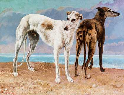 乔瑟尔伯爵的灰狗，1866年`The Greyhounds of the Comte de Choiseul, 1866 by Gustave Courbet