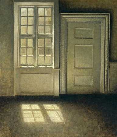 客厅，阳光下的书房，绞死30`Sitting Room, Study in Sunlight, Strandgade 30 by Vilhelm Hammershoi