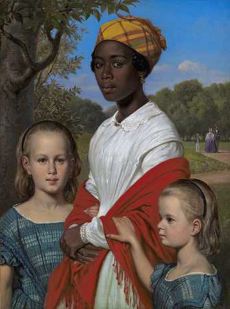 奥托·马斯特兰德的肖像她有两个女儿和他们的保姆`Portrait Of Otto Marstrands Two Daughters And Their Nanny (1857) by Wilhelm Marstrand