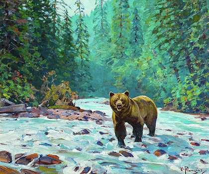 小河中的熊`Bear in a Stream by Carl Rungius