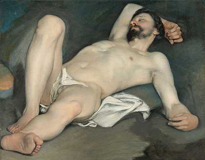 男性裸体躺着`Reclining Male Nude by Guido Cagnacci