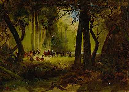 接待多米尼克·德古格斯`Reception of Dominique de Gourgues by the Indians ( 1877) by the Indians by Thomas Moran