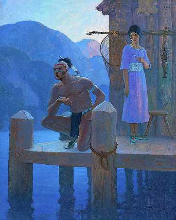 1925年，她在研究湖岸、群山和天空时发现了钦加古克`She found Chingachgook studying the shores of the lake, the mountains, and the heavens, 1925 by Newell Convers Wyeth