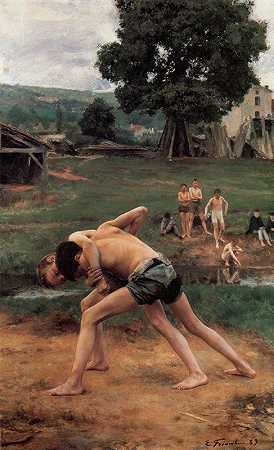 摔跤`Wrestling (1889) by Émile Friant