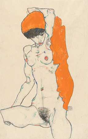 赤裸着站着，穿着橙色的窗帘`Standing Nude with Orange Drapery (1914) by Egon Schiele