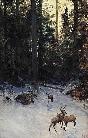 森林中之鹿`Deer in the Forest by Henry Farny