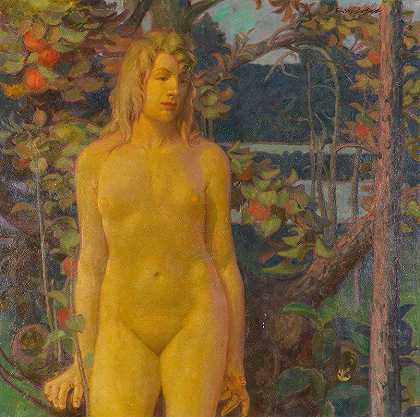 站在花园里的裸女`Stehender weiblicher Akt im Garten (1900) by Erich Erler