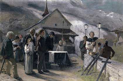 1887年斯皮林根滑坡后的葬礼`The Funeral After The Landslide Of Spiringen, Uri 1887 (1893) by Ernst Stückelberg