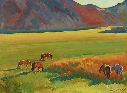 草地和马`Meadow and Horses by Maynard Dixon