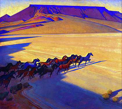 野马，内华达州`Wild Horses, Nevada by Maynard Dixon